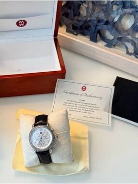 Michele Silver Diamond-Accent Chronograph Watch with Black Strap